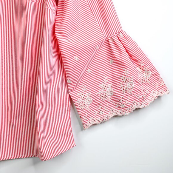 RAFAELLA Pink White Striped V Neck Embroidered 3/4 Sleeves Pull On Top -Size Med - Picture 6 of 11